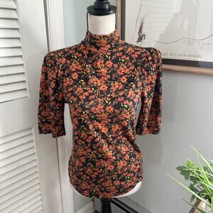 Gap Top Womens Small Black Orange Floral Feather Tee Mock Neck Puff Sleeve